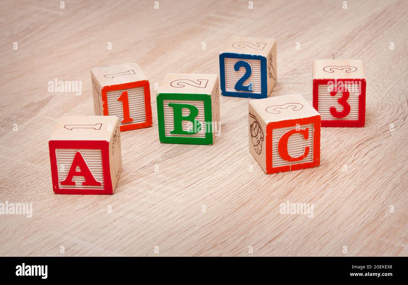 Toy blocks spelling out 'ABC 123' Stock Photo