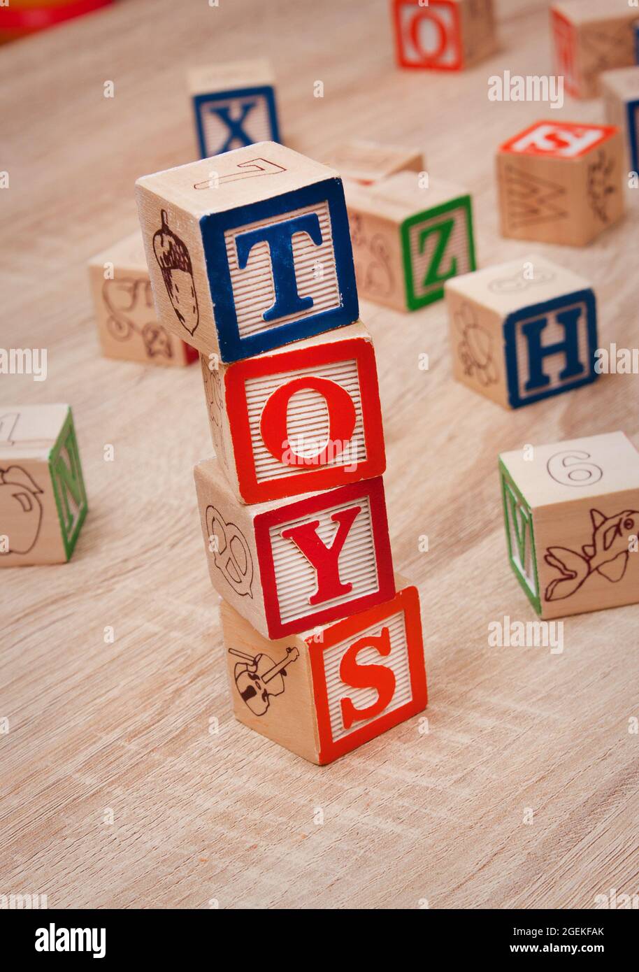 Toy blocks spelling out 'TOYS' Stock Photo