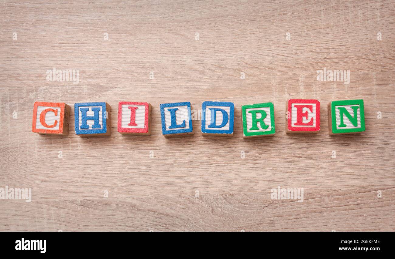 Toy blocks spelling out 'CHILDREN' Stock Photo