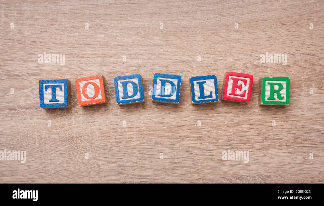 Toy blocks spelling out 'TODDLER' Stock Photo