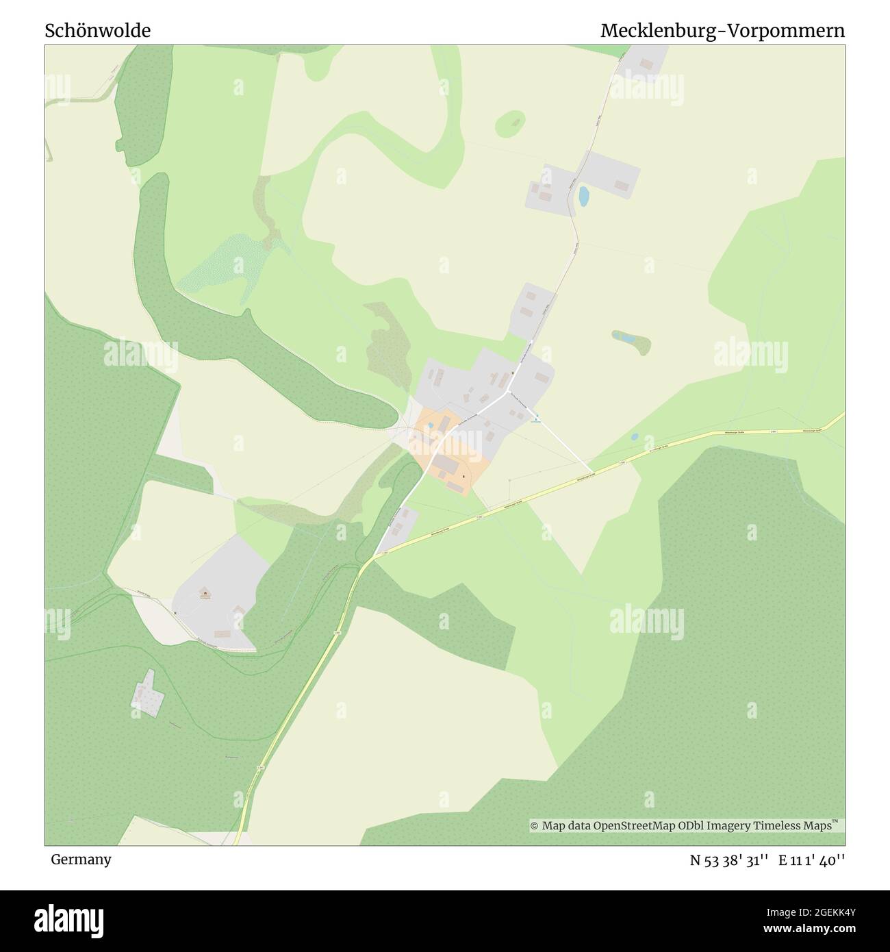 Schönwolde, Germany, Mecklenburg-Vorpommern, N 53 38' 31'', E 11 1' 40'', map, Timeless Map published in 2021. Travelers, explorers and adventurers like Florence Nightingale, David Livingstone, Ernest Shackleton, Lewis and Clark and Sherlock Holmes relied on maps to plan travels to the world's most remote corners, Timeless Maps is mapping most locations on the globe, showing the achievement of great dreams Stock Photo