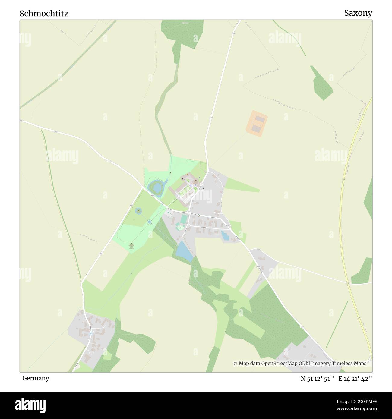 Schmochtitz, Germany, Saxony, N 51 12' 51'', E 14 21' 42'', map, Timeless Map published in 2021. Travelers, explorers and adventurers like Florence Nightingale, David Livingstone, Ernest Shackleton, Lewis and Clark and Sherlock Holmes relied on maps to plan travels to the world's most remote corners, Timeless Maps is mapping most locations on the globe, showing the achievement of great dreams Stock Photo