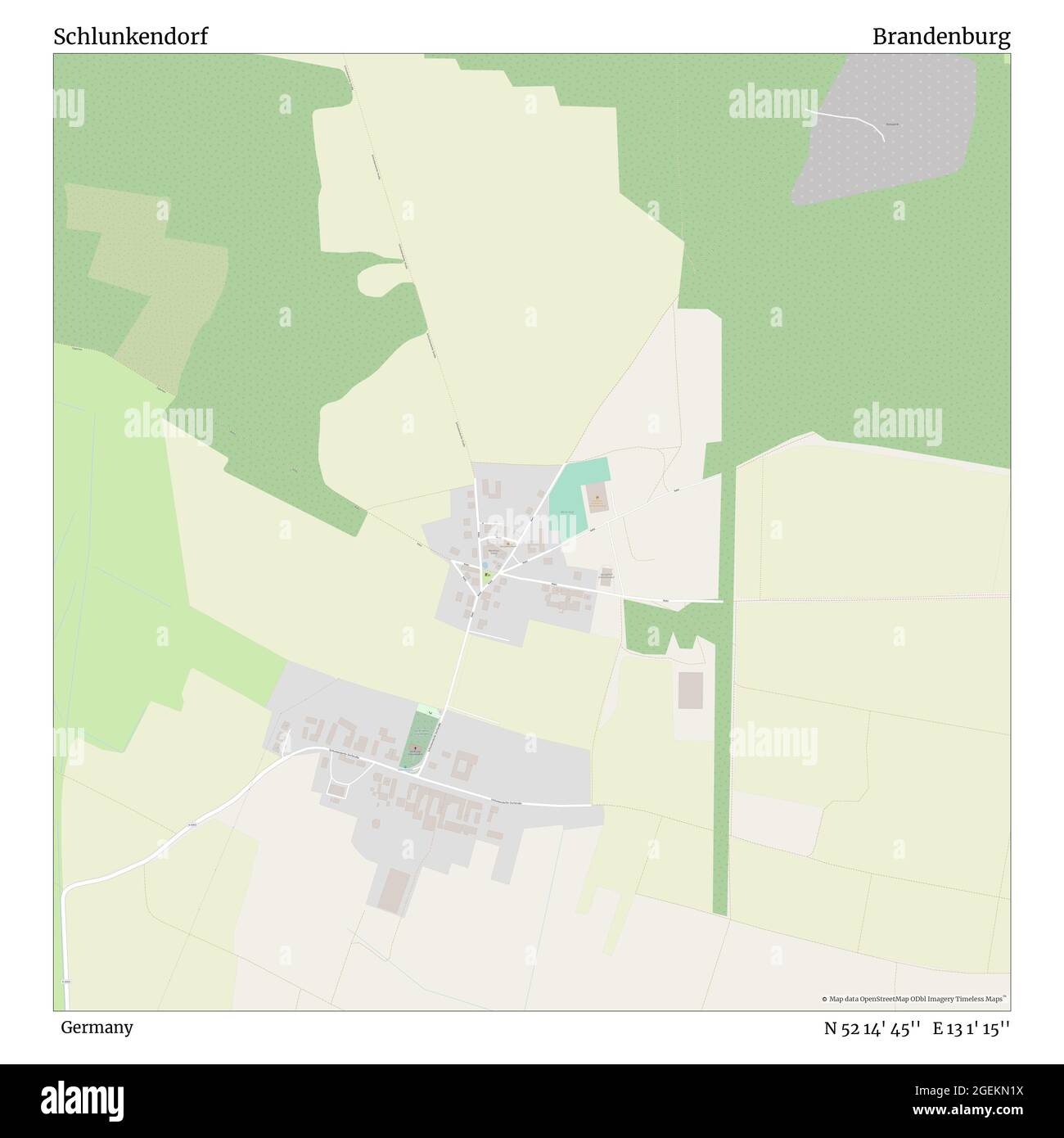Schlunkendorf, Germany, Brandenburg, N 52 14' 45'', E 13 1' 15'', map, Timeless Map published in 2021. Travelers, explorers and adventurers like Florence Nightingale, David Livingstone, Ernest Shackleton, Lewis and Clark and Sherlock Holmes relied on maps to plan travels to the world's most remote corners, Timeless Maps is mapping most locations on the globe, showing the achievement of great dreams Stock Photo