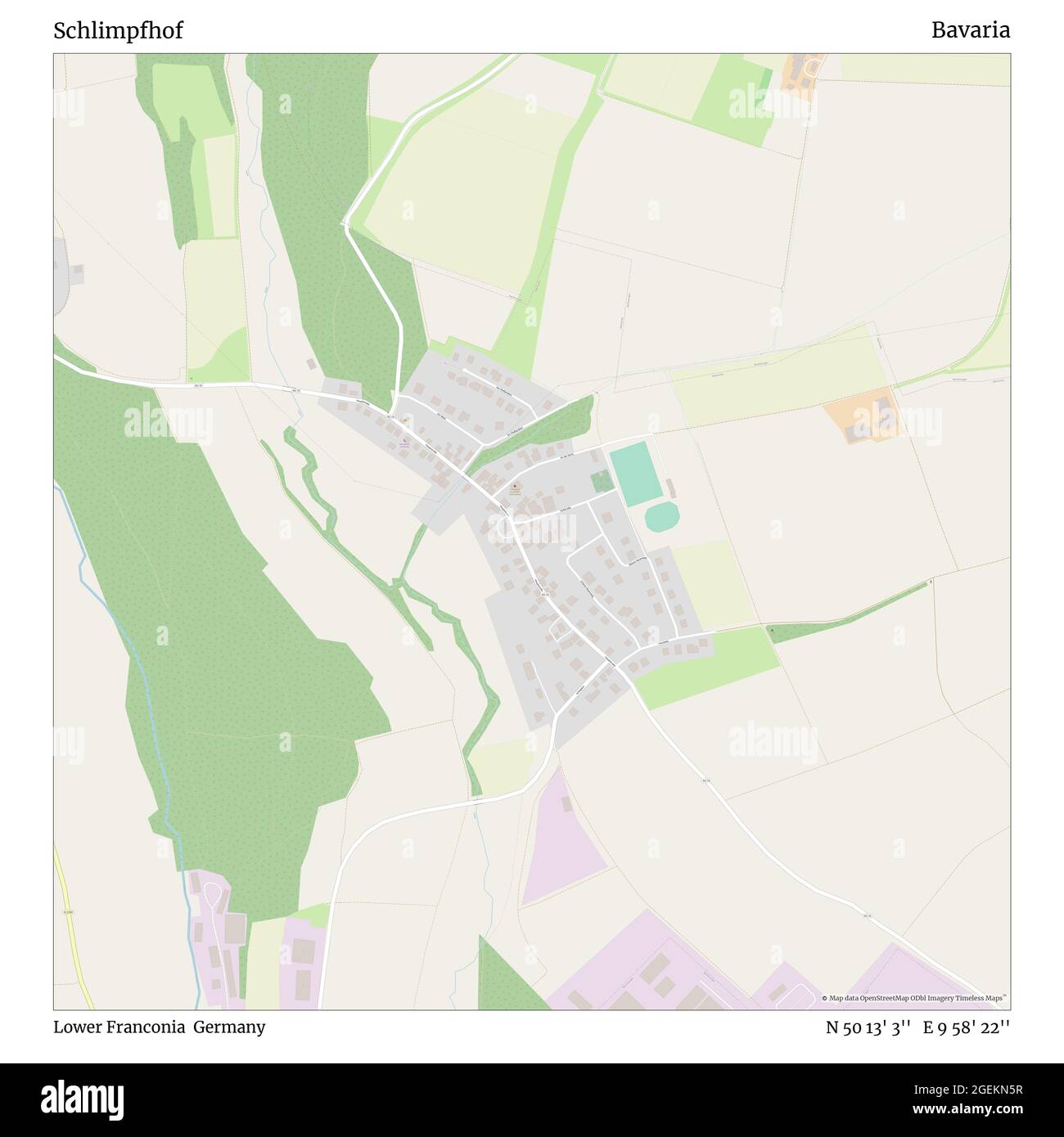 Schlimpfhof, Lower Franconia, Germany, Bavaria, N 50 13' 3'', E 9 58' 22'', map, Timeless Map published in 2021. Travelers, explorers and adventurers like Florence Nightingale, David Livingstone, Ernest Shackleton, Lewis and Clark and Sherlock Holmes relied on maps to plan travels to the world's most remote corners, Timeless Maps is mapping most locations on the globe, showing the achievement of great dreams Stock Photo