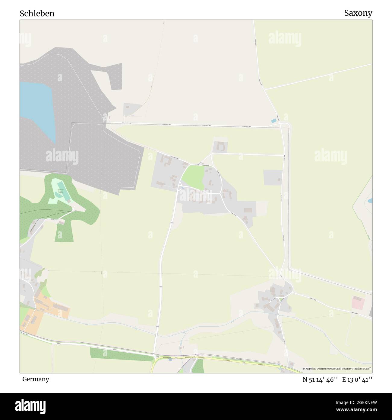 Schleben, Germany, Saxony, N 51 14' 46'', E 13 0' 41'', map, Timeless Map published in 2021. Travelers, explorers and adventurers like Florence Nightingale, David Livingstone, Ernest Shackleton, Lewis and Clark and Sherlock Holmes relied on maps to plan travels to the world's most remote corners, Timeless Maps is mapping most locations on the globe, showing the achievement of great dreams Stock Photo