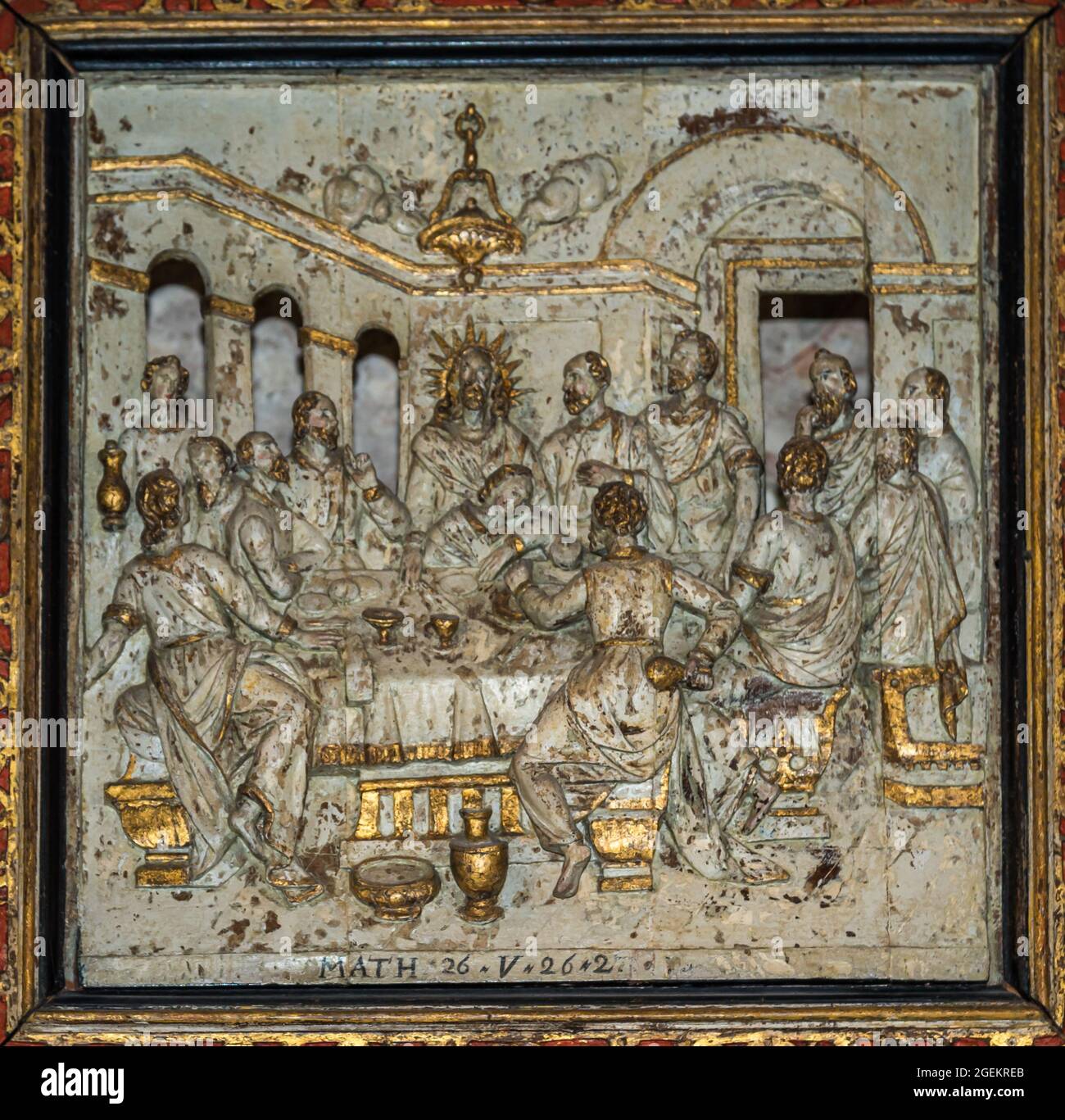 carved painting depicting Jesus and the disciples around the communion table, Stora Köpinge, Sweden, July 16, 2021 Stock Photo