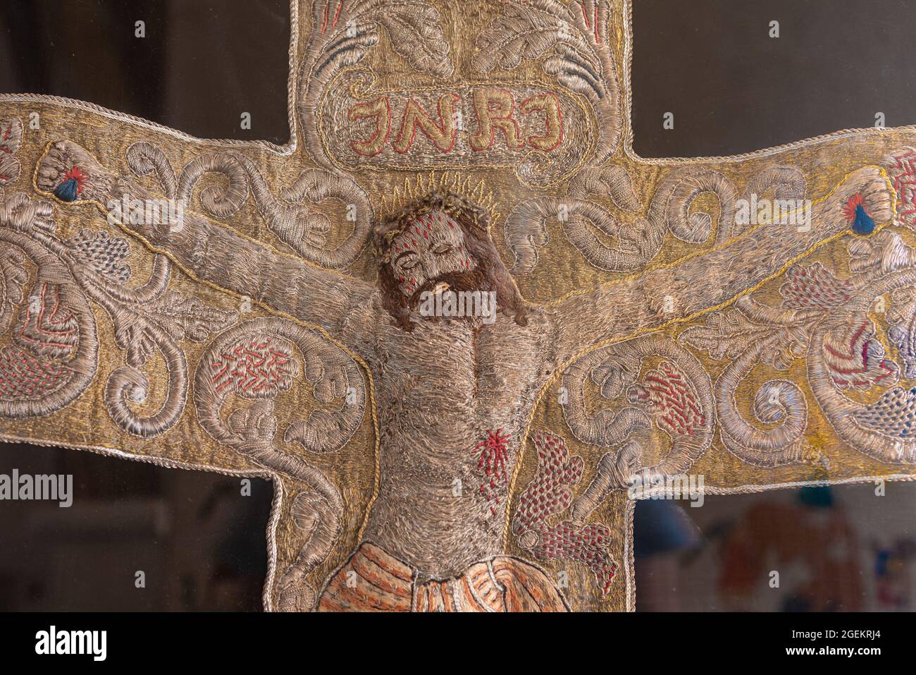 an ancient Embroidery depicting the crucifixion, Stora Köpinge, Sweden, July 16, 2021 Stock Photo