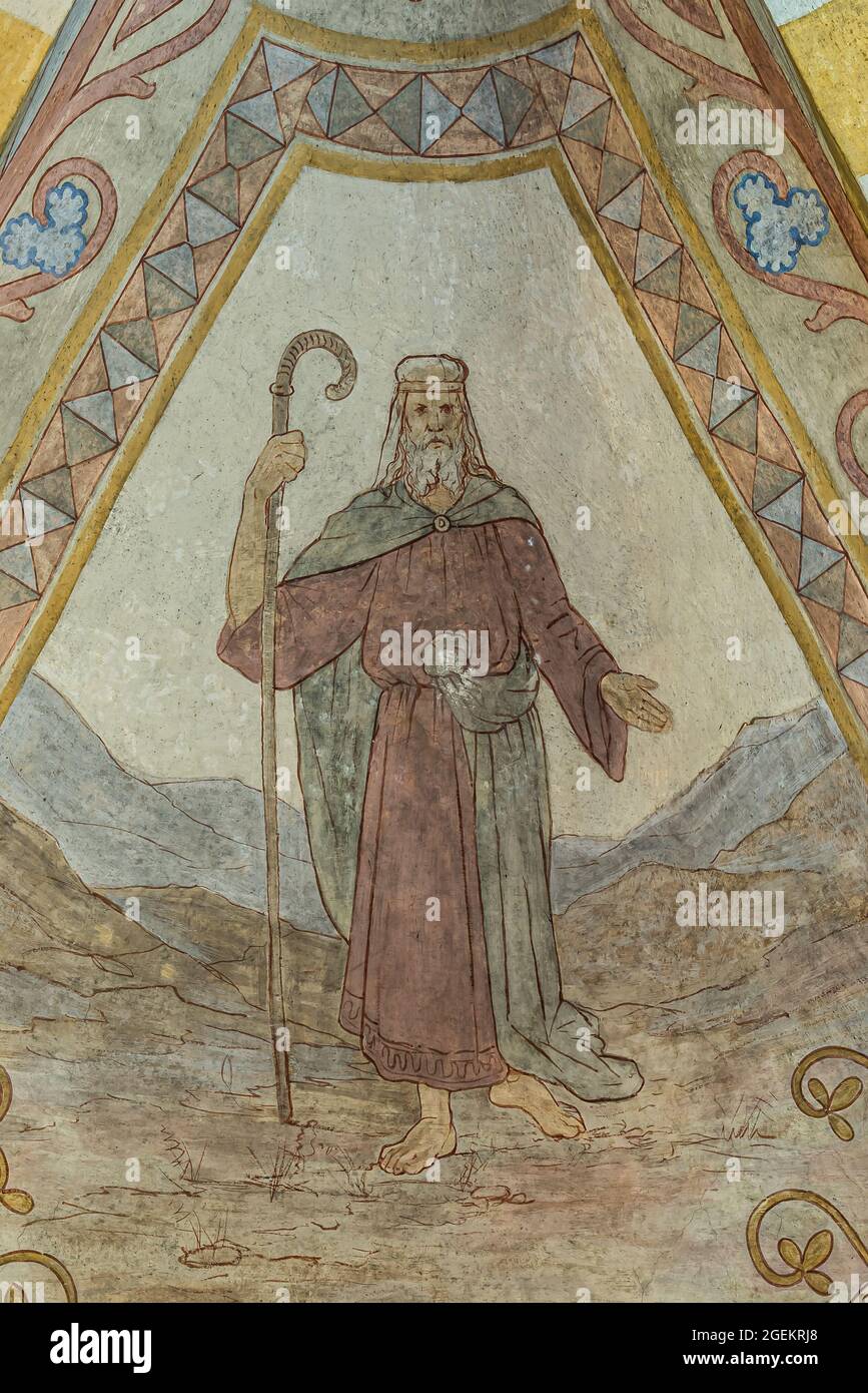 the prophet Samuel walks in the desert holding a crook in his hand, an ancient fresco, St. Kopinge, Sweden, July 16, 2021 Stock Photo