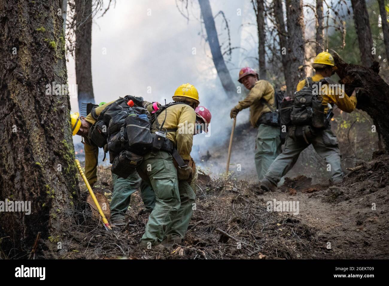 Greenville, USA. 20th Aug, 2021. Firefighters work in an area hit by the Dixie Fire near Greenville town in Northern California, the United States, on Aug. 19, 2021. The Dixie Fire has burned more than 700,000 acres as of Friday afternoon in remote Northern California. Credit: Dong Xudong/Xinhua/Alamy Live News Stock Photo