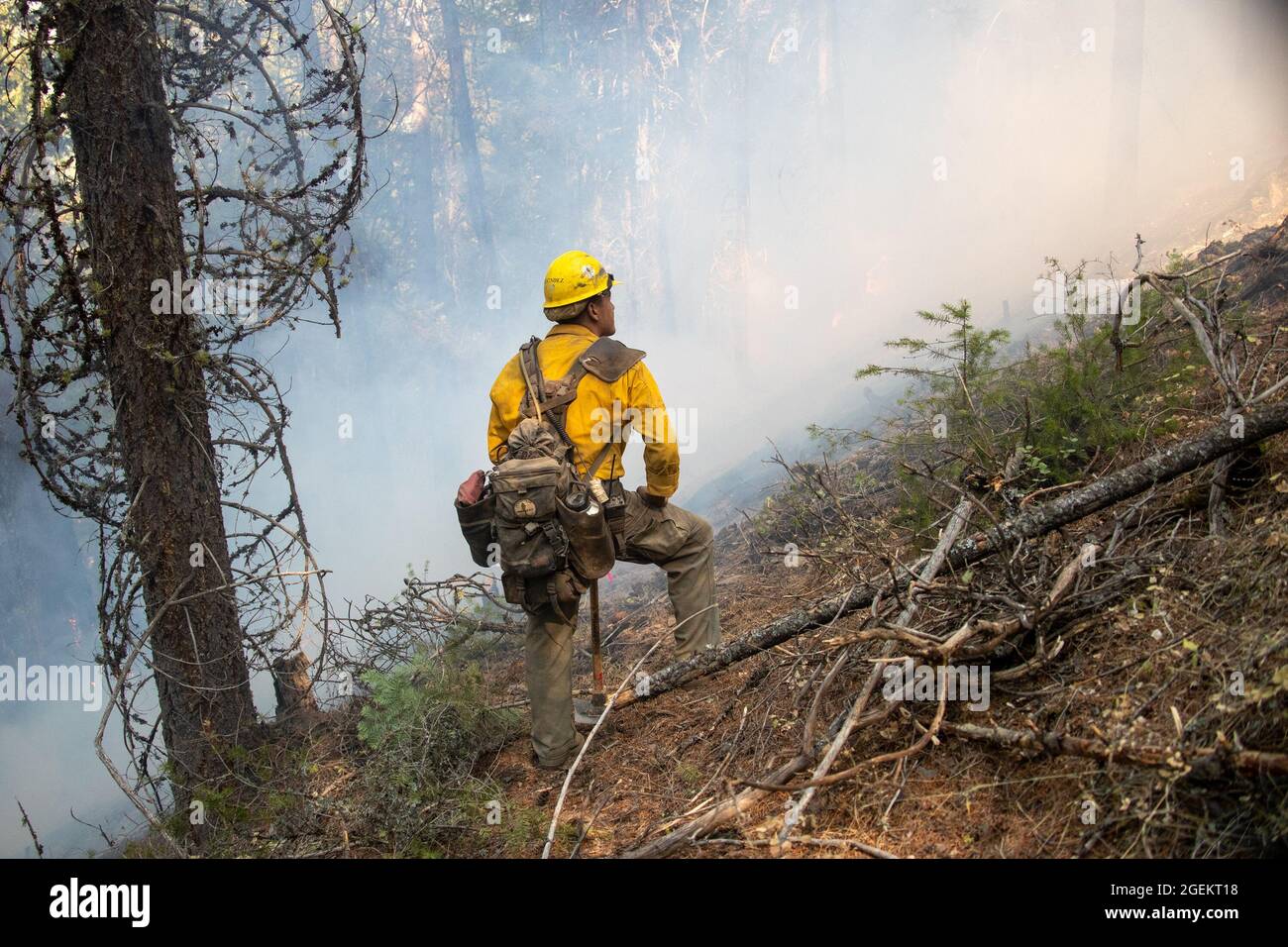 Greenville, USA. 20th Aug, 2021. A firefighter works in an area hit by the Dixie Fire near Greenville town in Northern California, the United States, on Aug. 19, 2021. The Dixie Fire has burned more than 700,000 acres as of Friday afternoon in remote Northern California. Credit: Dong Xudong/Xinhua/Alamy Live News Stock Photo