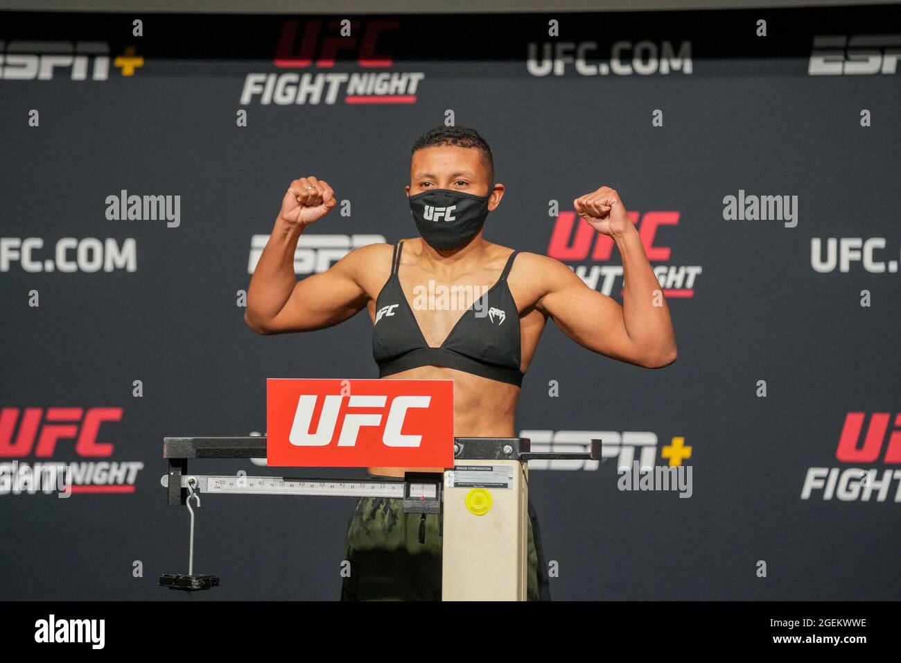 Las Vegas, USA. 20th Aug, 2021. LAS VEGAS, NV - AUGUST 20: Josiane Nunes steps on the scale for the official weigh-ins at UFC Apex for UFC Fight Night - Vegas 34 - Weigh-ins on August 20, 2021 in Las Vegas, NV, United States. (Photo by Louis Grasse/PxImages) Credit: Px Images/Alamy Live News Stock Photo