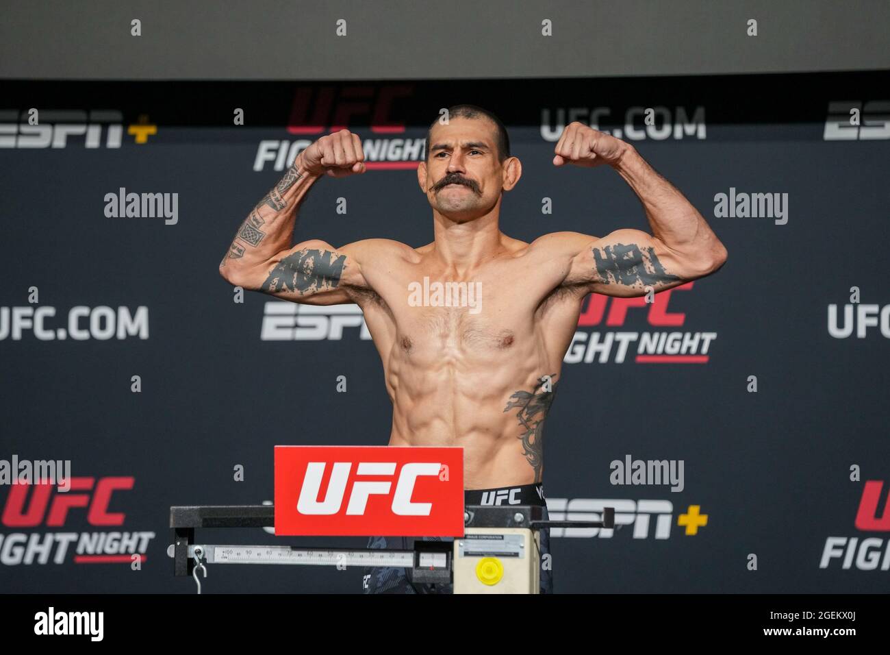 Las Vegas, USA. 20th Aug, 2021. LAS VEGAS, NV - AUGUST 20: Vinc Pichel steps on the scale for the official weigh-ins at UFC Apex for UFC Fight Night - Vegas 34 - Weigh-ins on August 20, 2021 in Las Vegas, NV, United States. (Photo by Louis Grasse/PxImages) Credit: Px Images/Alamy Live News Stock Photo