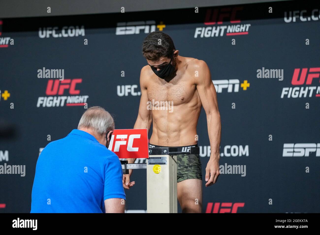 Las Vegas, USA. 20th Aug, 2021. LAS VEGAS, NV - AUGUST 20: Domingo Pilarte steps on the scale for the official weigh-ins at UFC Apex for UFC Fight Night - Vegas 34 - Weigh-ins on August 20, 2021 in Las Vegas, NV, United States. (Photo by Louis Grasse/PxImages) Credit: Px Images/Alamy Live News Stock Photo