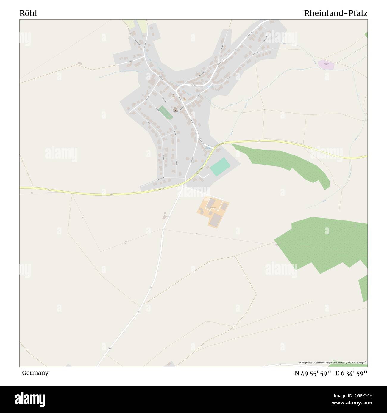 Röhl, Germany, Rheinland-Pfalz, N 49 55' 59'', E 6 34' 59'', map, Timeless Map published in 2021. Travelers, explorers and adventurers like Florence Nightingale, David Livingstone, Ernest Shackleton, Lewis and Clark and Sherlock Holmes relied on maps to plan travels to the world's most remote corners, Timeless Maps is mapping most locations on the globe, showing the achievement of great dreams Stock Photo