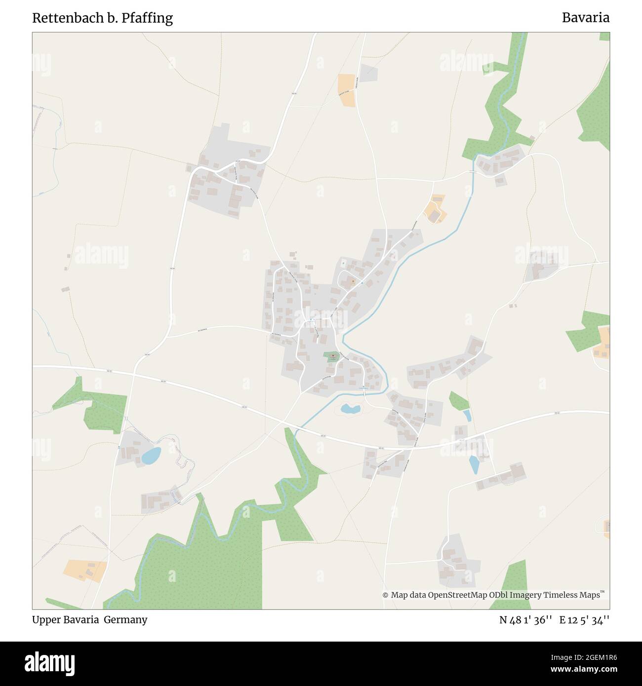 Rettenbach b. Pfaffing, Upper Bavaria, Germany, Bavaria, N 48 1' 36'', E 12 5' 34'', map, Timeless Map published in 2021. Travelers, explorers and adventurers like Florence Nightingale, David Livingstone, Ernest Shackleton, Lewis and Clark and Sherlock Holmes relied on maps to plan travels to the world's most remote corners, Timeless Maps is mapping most locations on the globe, showing the achievement of great dreams Stock Photo