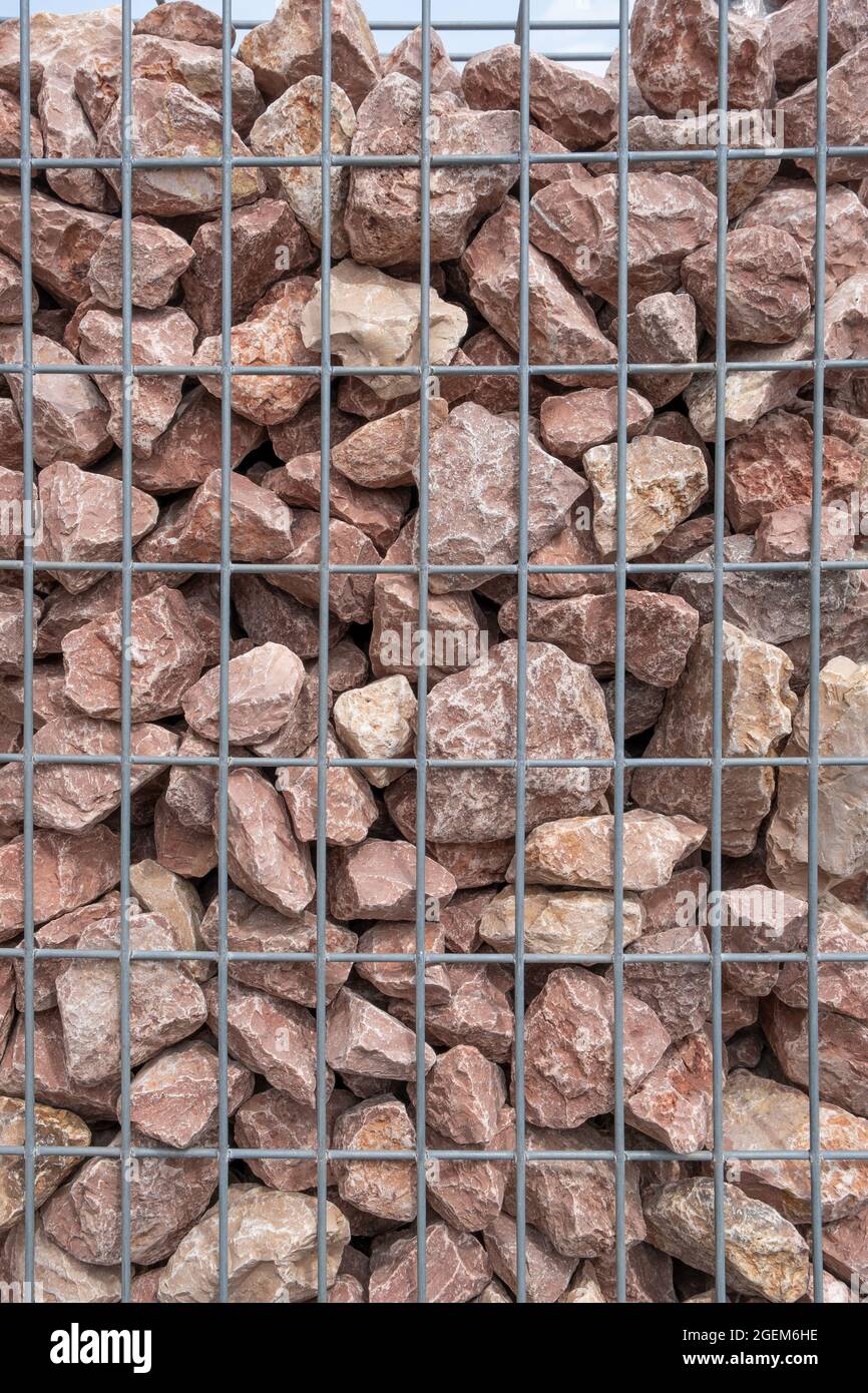 Red stones in Gabion Wall in Wire Welded Mesh, Baskets, wire fence