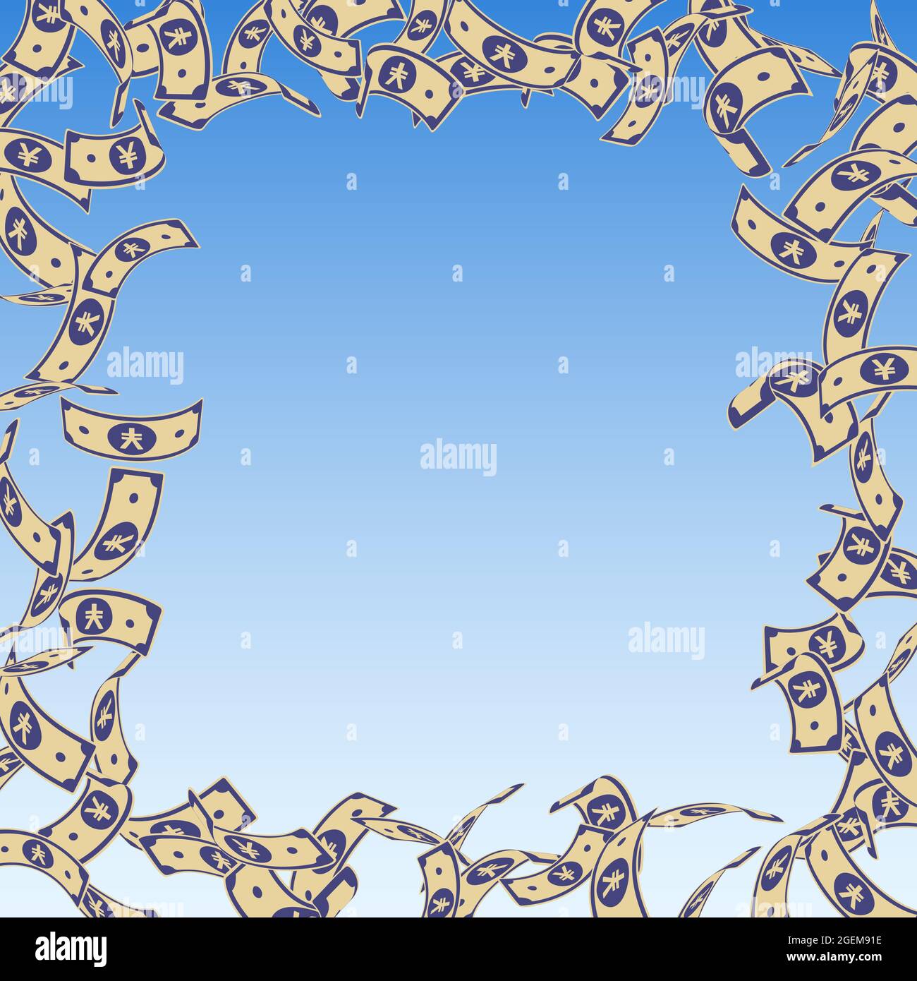 Chinese yuan notes falling. Floating CNY bills on blue sky background ...