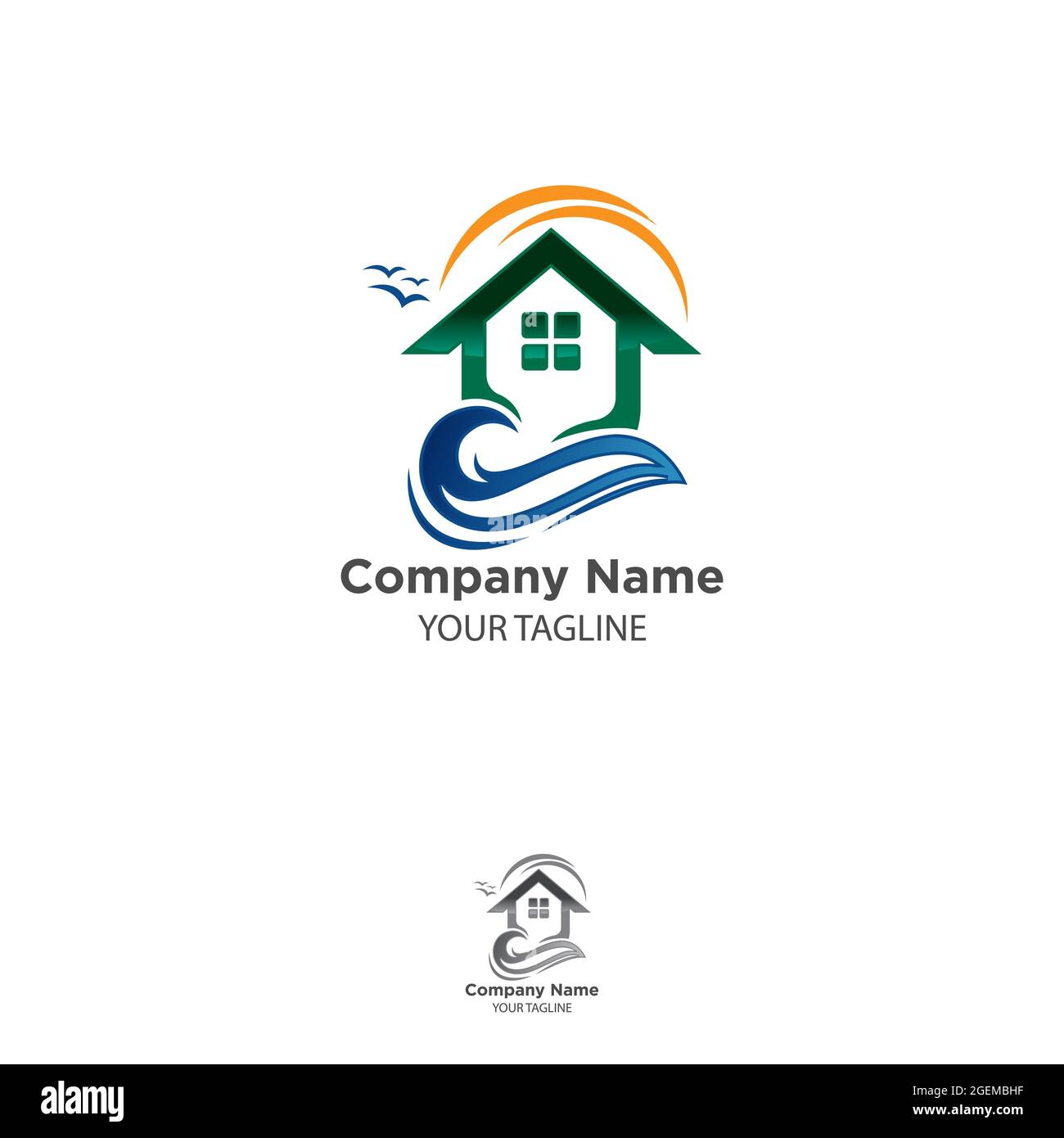 Beach House with beautiful sunset vector logo design. EPS 10 Stock Vector