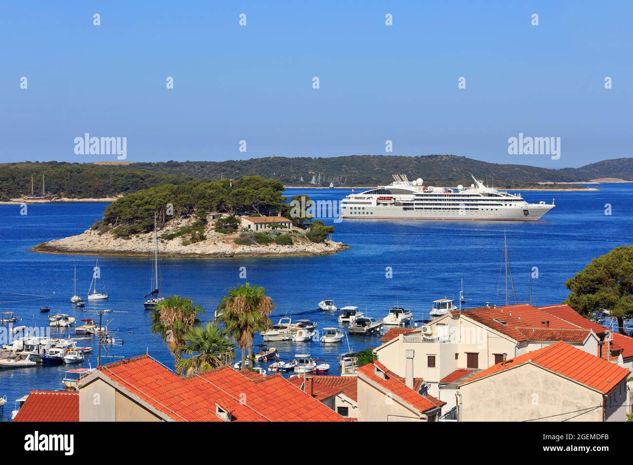 Le Lyrial (2015) cruise ship for anchor near Galisnik Island in Hvar, Croatia Stock Photo