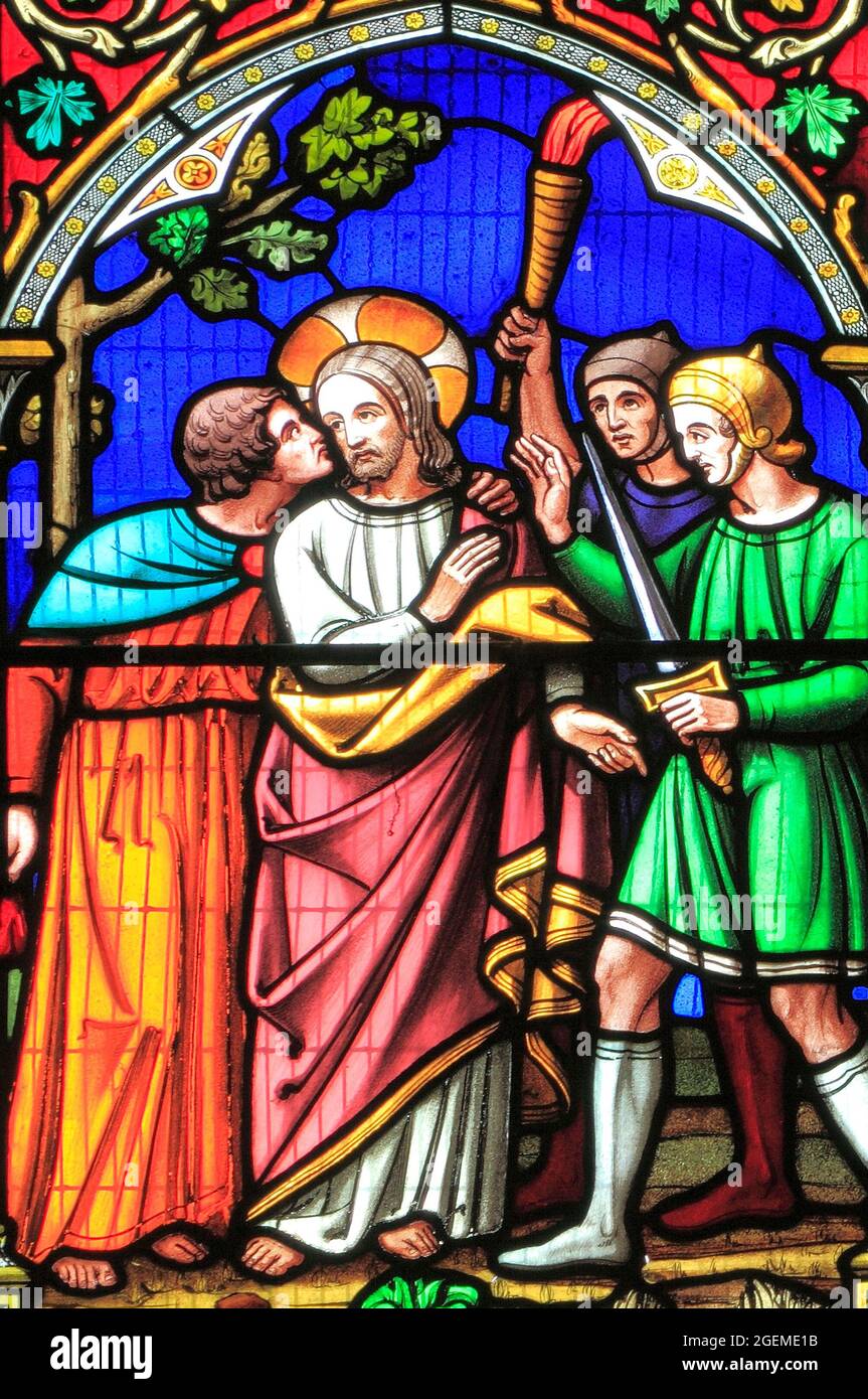 Story of Easter,Jesus betrayed, by the Kiss of Judas,  stained glass window, by William Warrington, 1854, Gunthorpe, Norfolk, England, UK Stock Photo