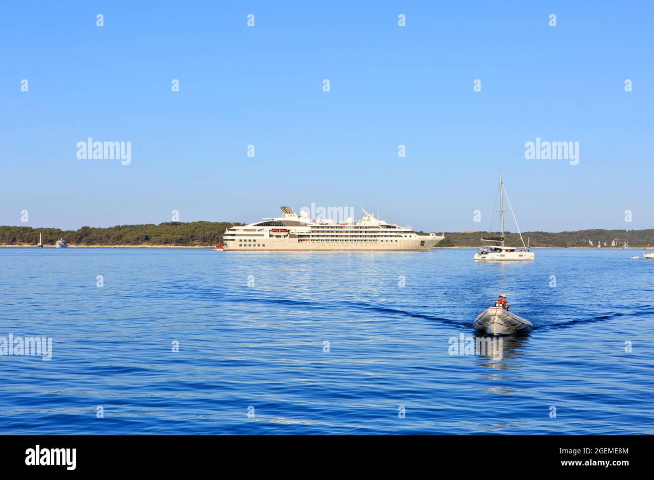 Le Lyrial (2015) cruise ship at Marinkovac Island in Hvar, Croatia Stock Photo