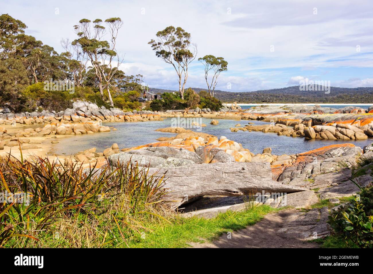 Little pond in Skeleton Bay surrounded by boulders draped in orange lichen - Binalong Bay, Tasmania, Australia Stock Photo