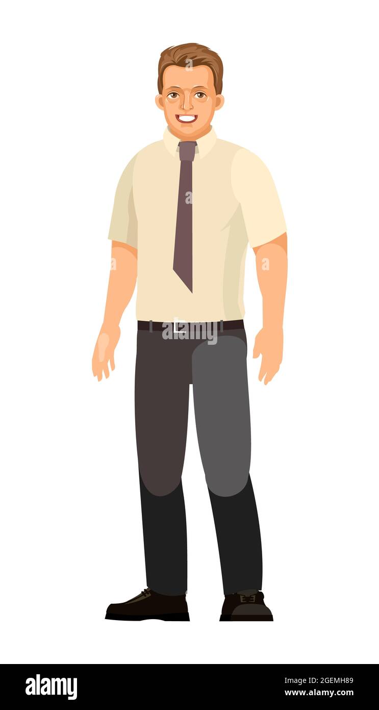 The guy is standing. Young handsome boy. Satisfied. A friendly smile. In  trousers, shirt and tie. In a calm position. Single. Cartoon flat style.  The Stock Photo - Alamy