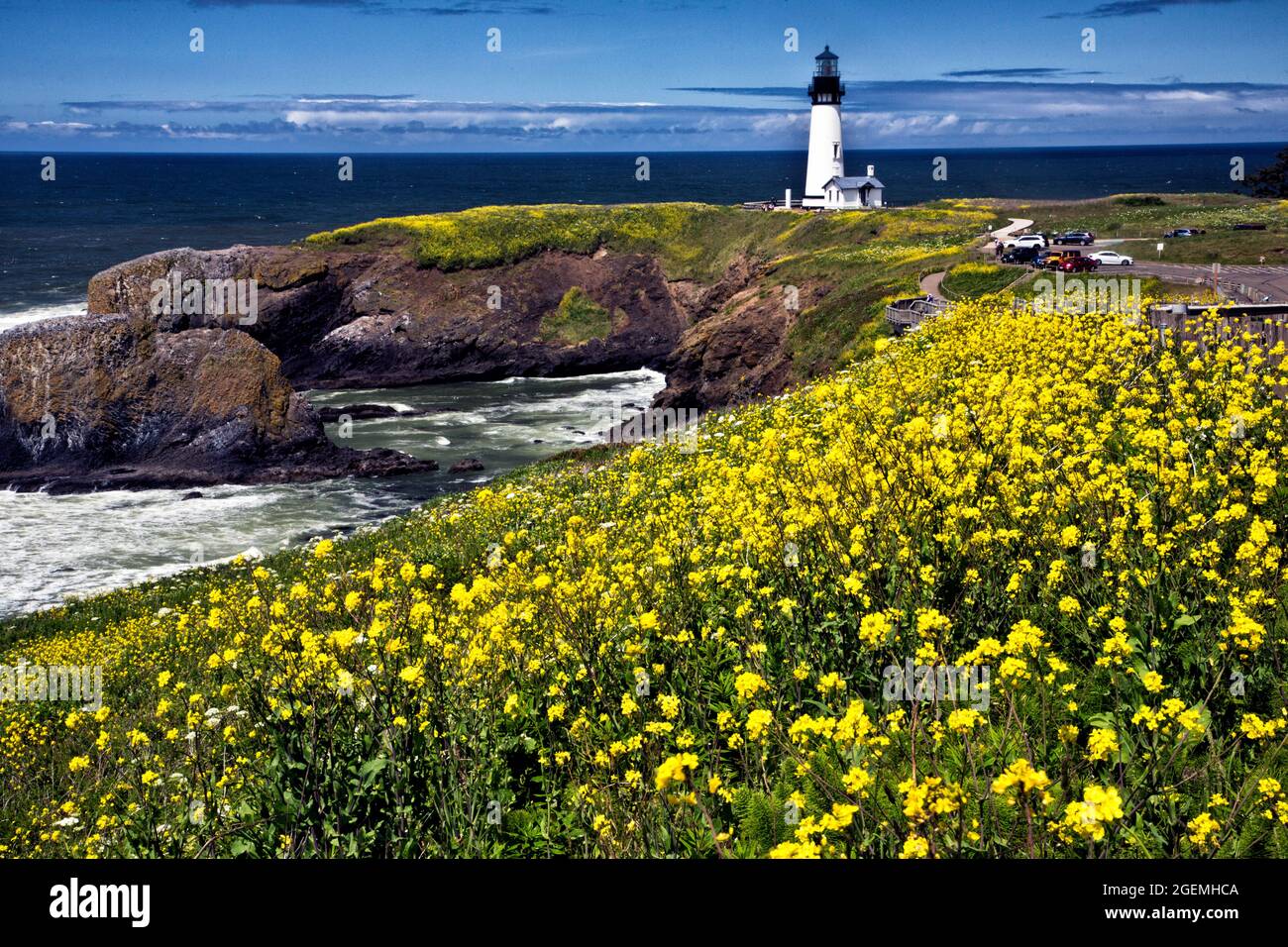 Views of Yaquina Head Lighthouse and beach Stock Photo