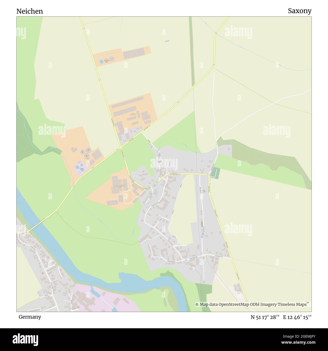 Neichen, Germany, Saxony, N 51 17' 28'', E 12 46' 15'', map, Timeless Map published in 2021. Travelers, explorers and adventurers like Florence Nightingale, David Livingstone, Ernest Shackleton, Lewis and Clark and Sherlock Holmes relied on maps to plan travels to the world's most remote corners, Timeless Maps is mapping most locations on the globe, showing the achievement of great dreams Stock Photo