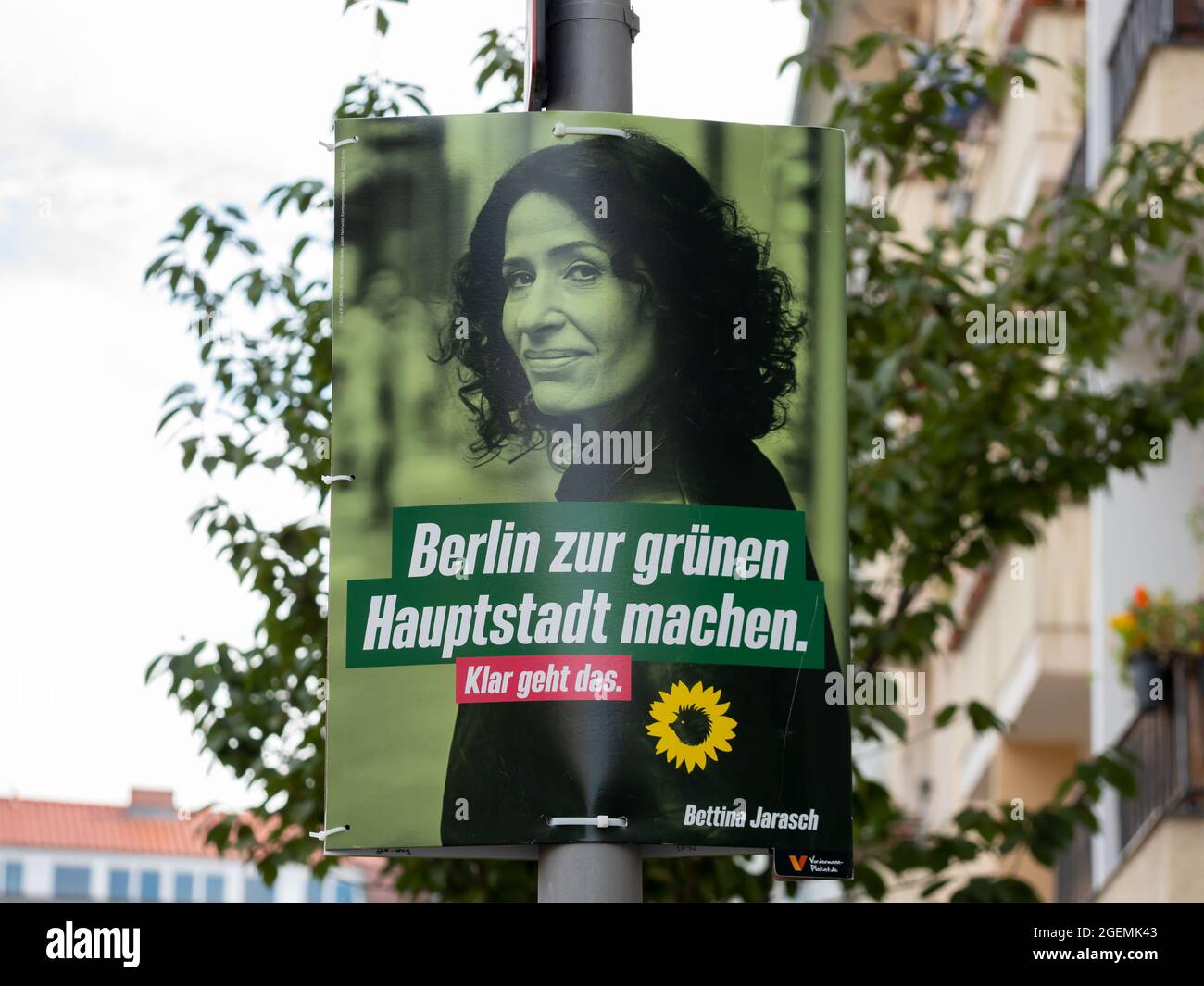 Campaign Poster of Bettina Jarasch And The Berlin Greens In Front of Trees And Houses In Berlin Stock Photo