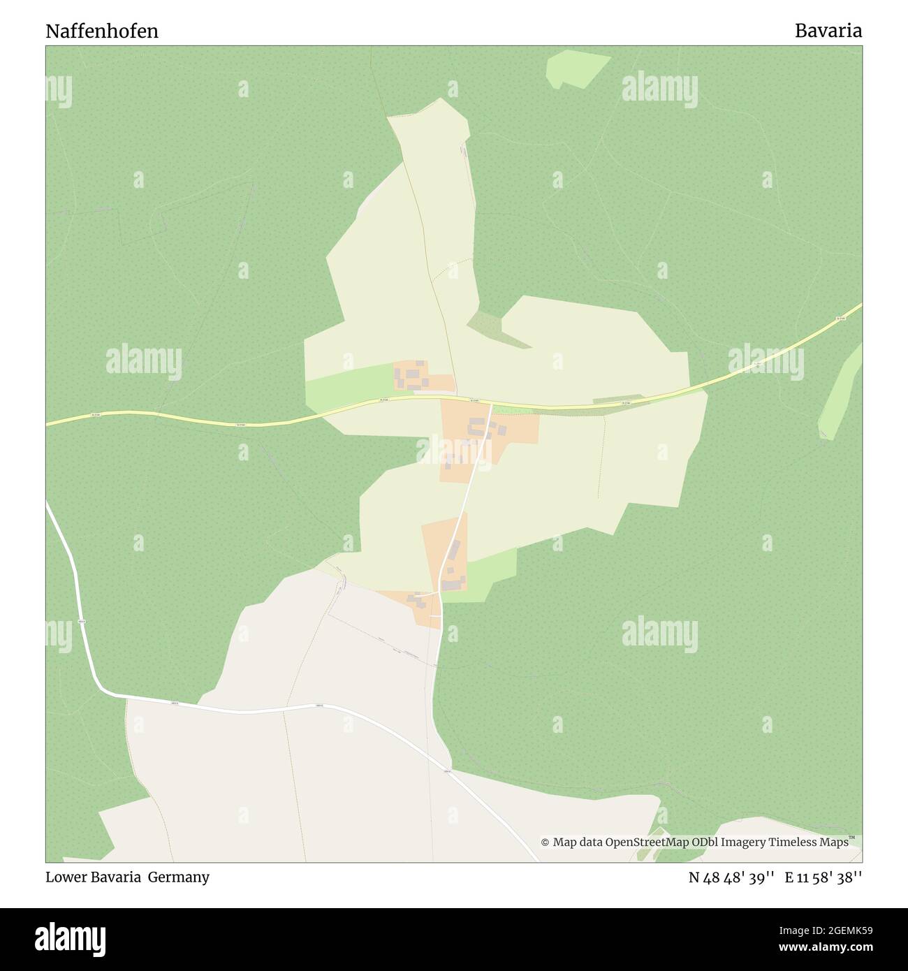 Naffenhofen, Lower Bavaria, Germany, Bavaria, N 48 48' 39'', E 11 58' 38'', map, Timeless Map published in 2021. Travelers, explorers and adventurers like Florence Nightingale, David Livingstone, Ernest Shackleton, Lewis and Clark and Sherlock Holmes relied on maps to plan travels to the world's most remote corners, Timeless Maps is mapping most locations on the globe, showing the achievement of great dreams Stock Photo