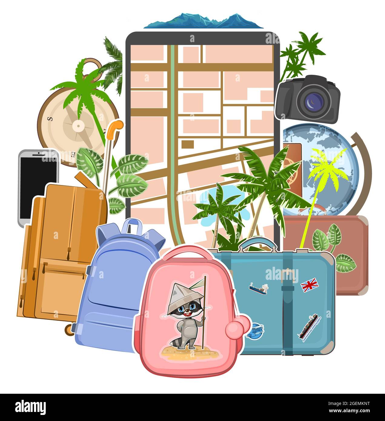 Tourism. Luggage suitcases. Traveling around the world. Design concept.  Postcard, banner. Isolated. Map. Travel and adventure elements with bags,  glob Stock Photo - Alamy
