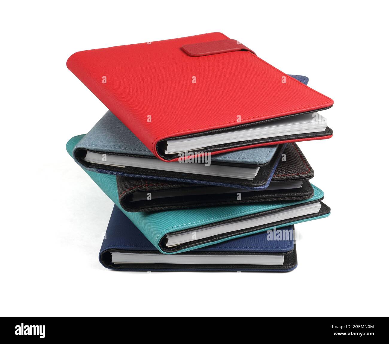 Stack of Colorful Diaries on White Background Stock Photo