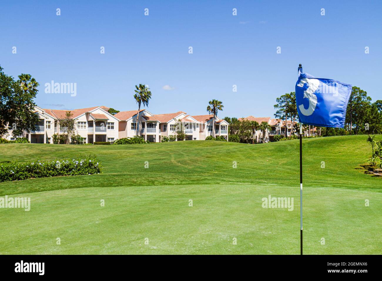 Florida Port St.Saint Lucie,PGA Village Pine Valley Perfect Drive Golf Villas,golf course flag hole green, Stock Photo
