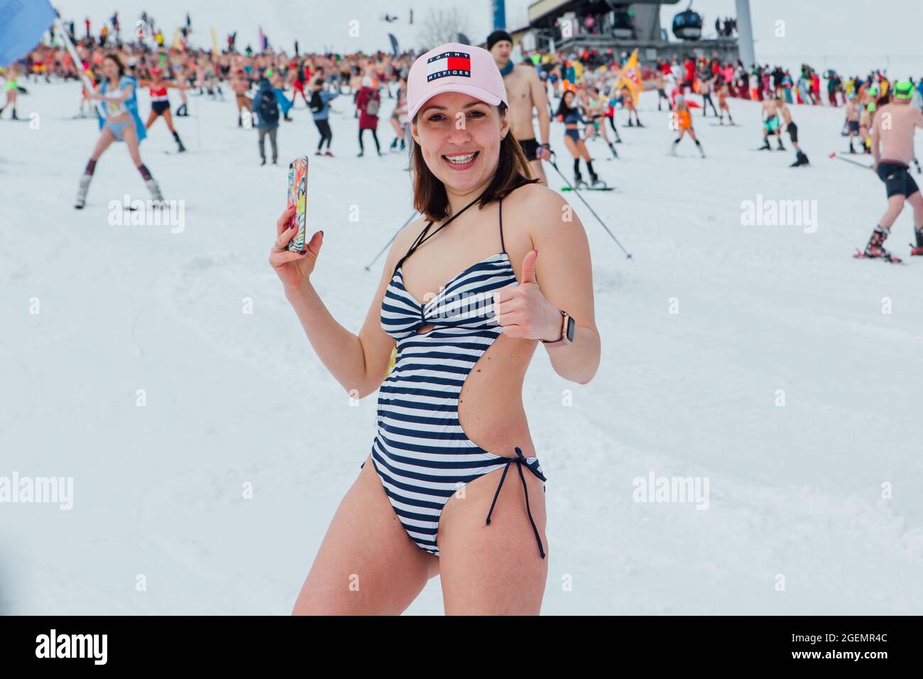 Sheregesh, Kemerovo region, Russia - April 17, 2021: Grelka Fest is a  sports and entertainment activity for ski and snowboard riders in bikini.  Woman Stock Photo - Alamy
