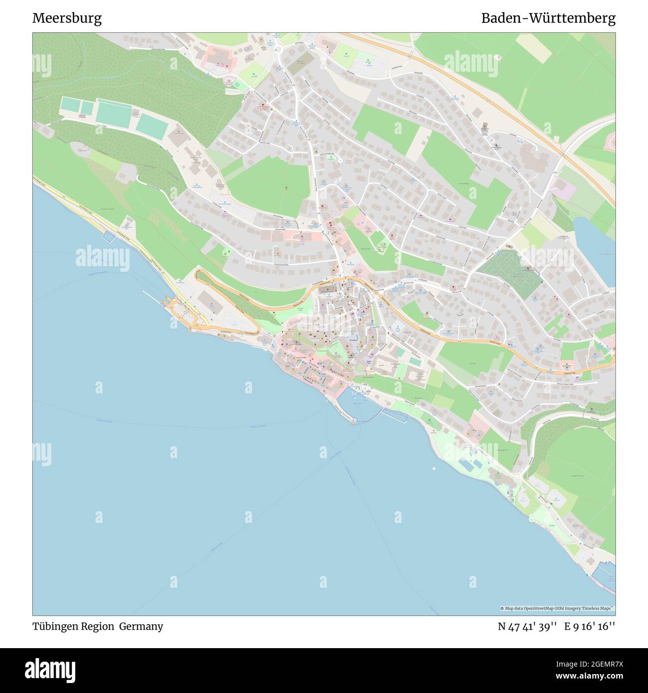 Meersburg, Tübingen Region, Germany, Baden-Württemberg, N 47 41' 39'', E 9 16' 16'', map, Timeless Map published in 2021. Travelers, explorers and adventurers like Florence Nightingale, David Livingstone, Ernest Shackleton, Lewis and Clark and Sherlock Holmes relied on maps to plan travels to the world's most remote corners, Timeless Maps is mapping most locations on the globe, showing the achievement of great dreams Stock Photo