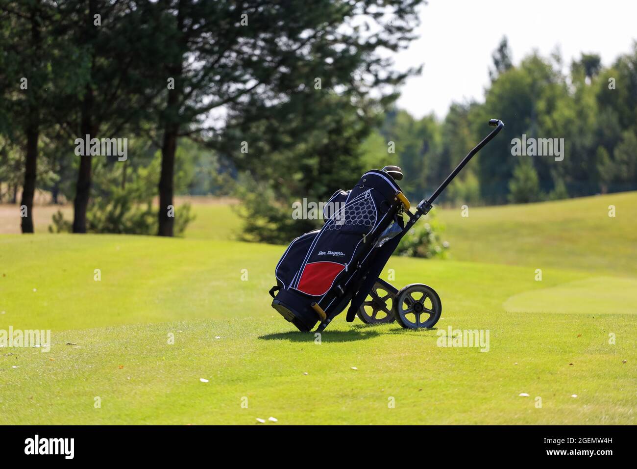 Minsk. Belarus - 25.07.2021 - Push-Pull Golf Carts on the field. Green  grass, trees. High quality photo Stock Photo - Alamy