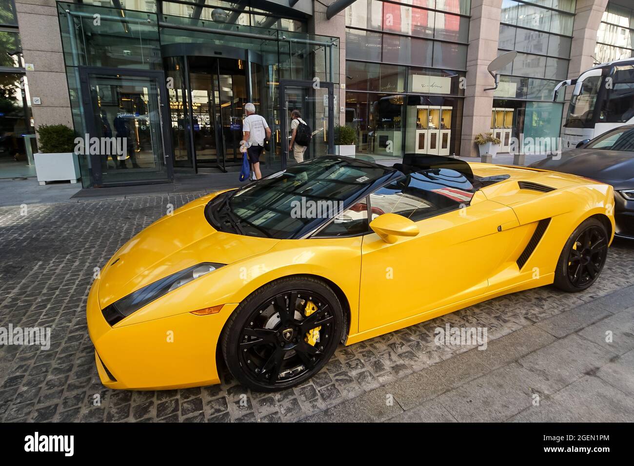 Bucharest, Romania - August 17, 2021: An yellow 2006 Lamborghini Gallardo  Spyder is parked in front of the entrance to the Radisson Blu Hotel  Buchares Stock Photo - Alamy