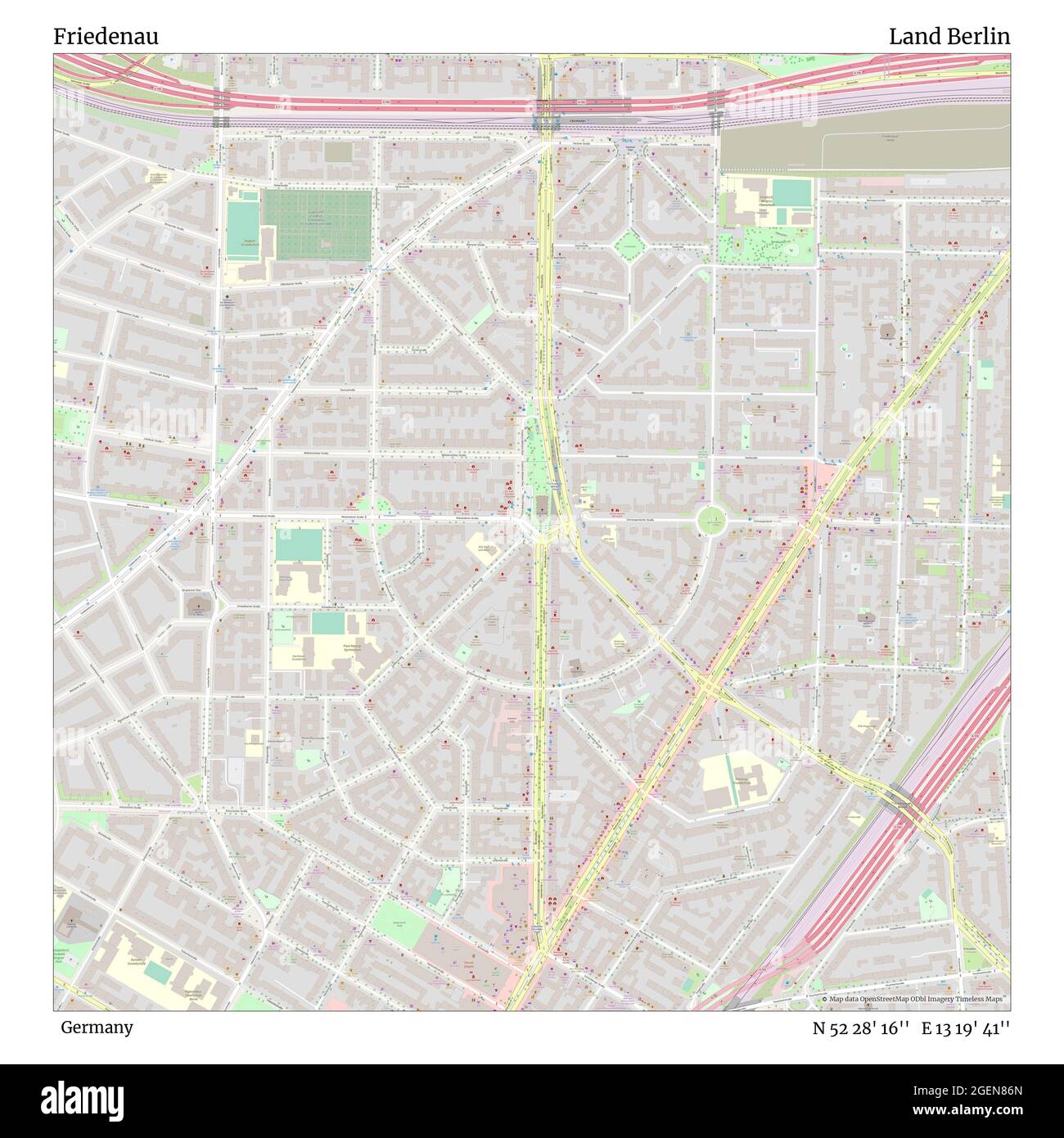 Friedenau, Germany, Land Berlin, N 52 28' 16'', E 13 19' 41'', map, Timeless Map published in 2021. Travelers, explorers and adventurers like Florence Nightingale, David Livingstone, Ernest Shackleton, Lewis and Clark and Sherlock Holmes relied on maps to plan travels to the world's most remote corners, Timeless Maps is mapping most locations on the globe, showing the achievement of great dreams Stock Photo