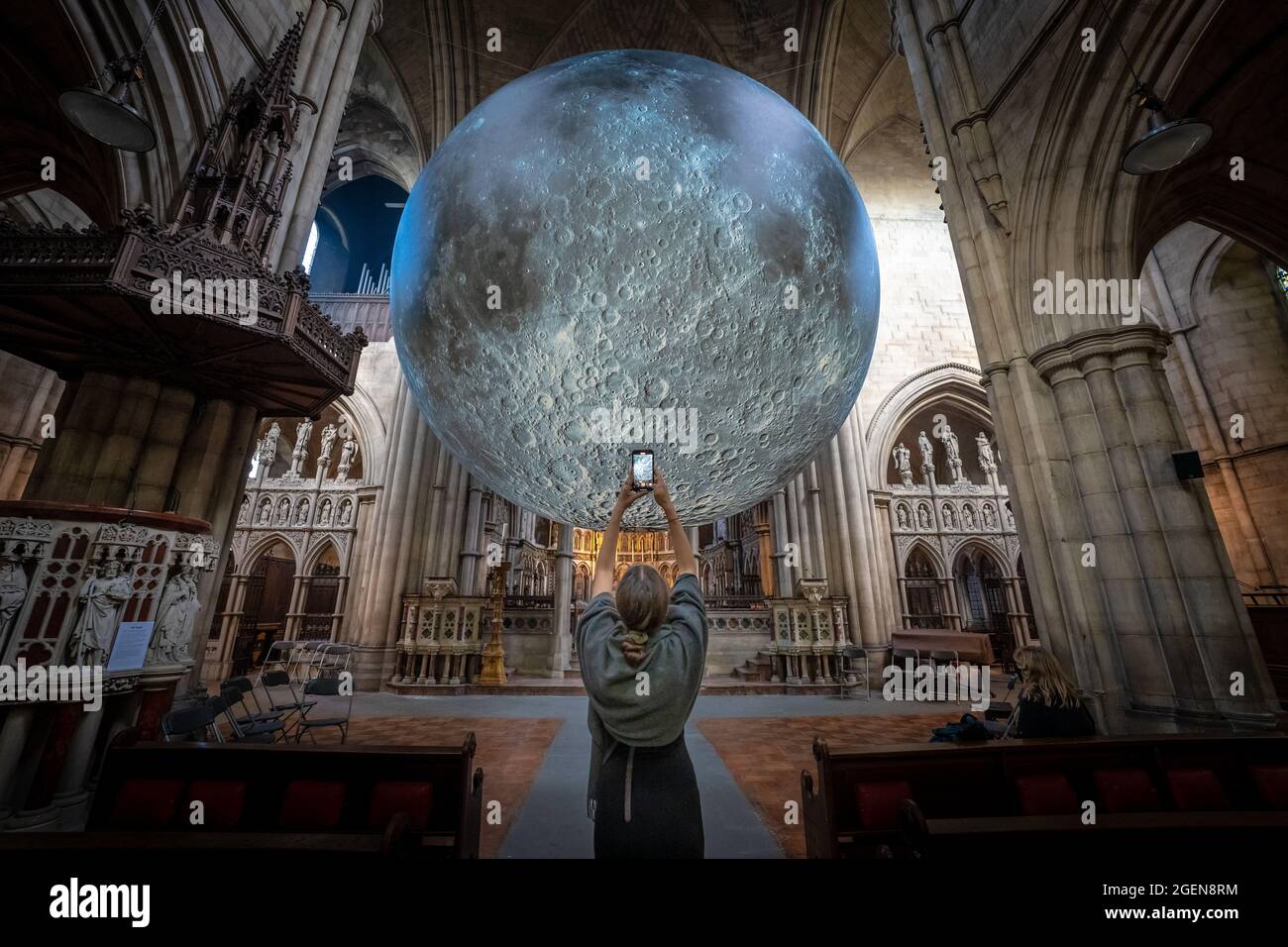 Museum of the Moon installation by artist Luke Jerram at St. John the Baptist church in west London, UK. Stock Photo