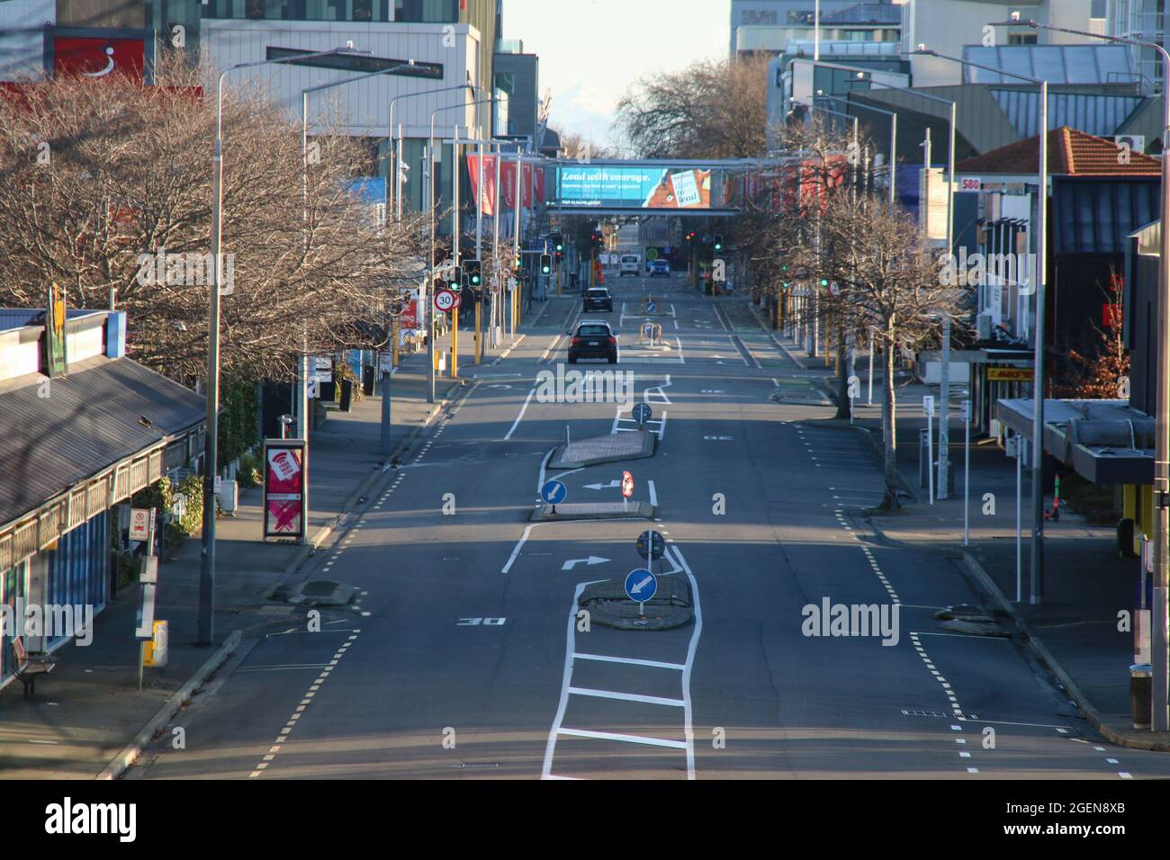 Columbo Street, the main street in central Christchurch is pictured semi-deserted during the lockdown.New Zealand's outbreak of the Delta variant has so far seen 28 confirmed cases in Auckland, and three in Wellington. Prime Minister Jacinda Ardern yesterday placed areas outside Auckland and Coromandel into a further lockdown until 11.59 pm on Tuesday. Deputy Prime Minister Grant Robertson said this morning, “things will get worse before they get better”, and that “there will be more cases”. He said he hadn't yet had the update on today's numbers, but that information would be given at the 1 P Stock Photo