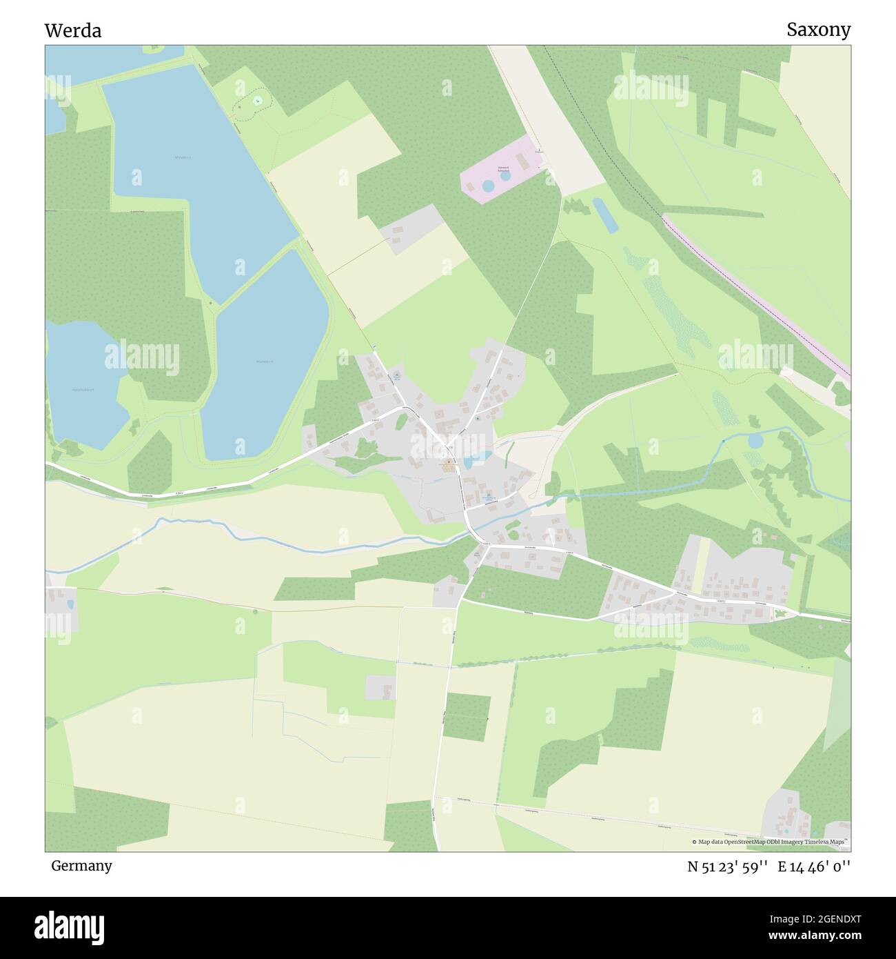 Werda, Germany, Saxony, N 51 23' 59'', E 14 46' 0'', map, Timeless Map published in 2021. Travelers, explorers and adventurers like Florence Nightingale, David Livingstone, Ernest Shackleton, Lewis and Clark and Sherlock Holmes relied on maps to plan travels to the world's most remote corners, Timeless Maps is mapping most locations on the globe, showing the achievement of great dreams Stock Photo
