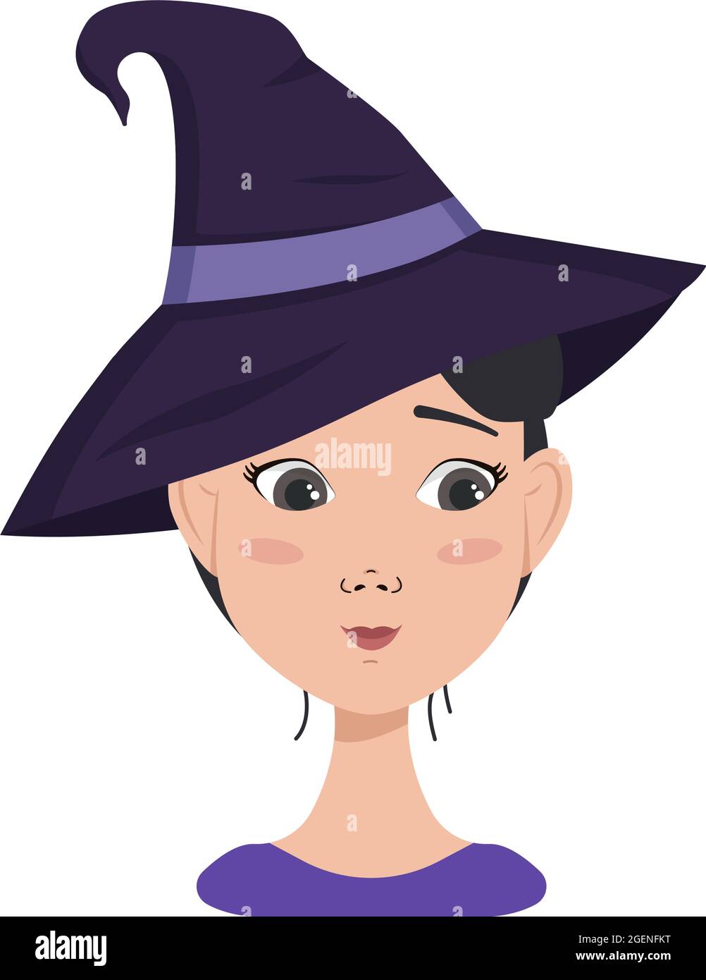 Avatar of asian woman with dark hair, shyness emotions, embarrassed face and downcast eyes, wearing a witch hat. Halloween character in costume Stock Vector