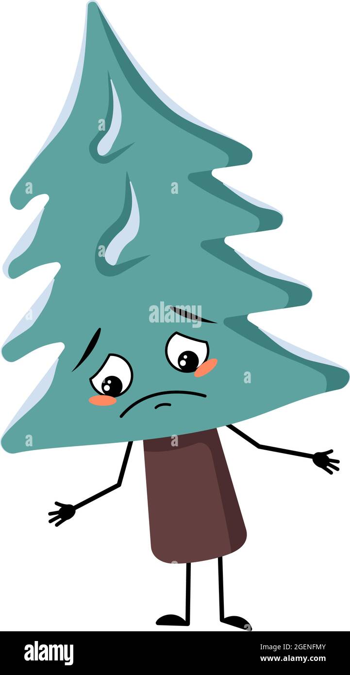 Cute Christmas tree with sad emotions, depressed face, down eyes, arms