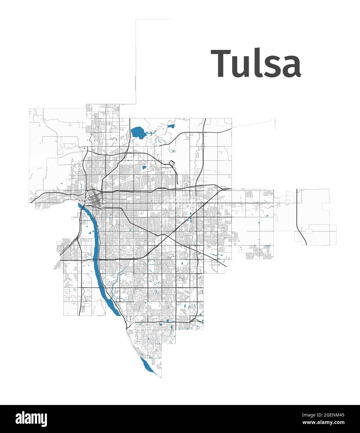 Tulsa map. Detailed map of Tulsa city administrative area. Cityscape panorama. Royalty free vector illustration. Outline map with highways, streets, r Stock Vector