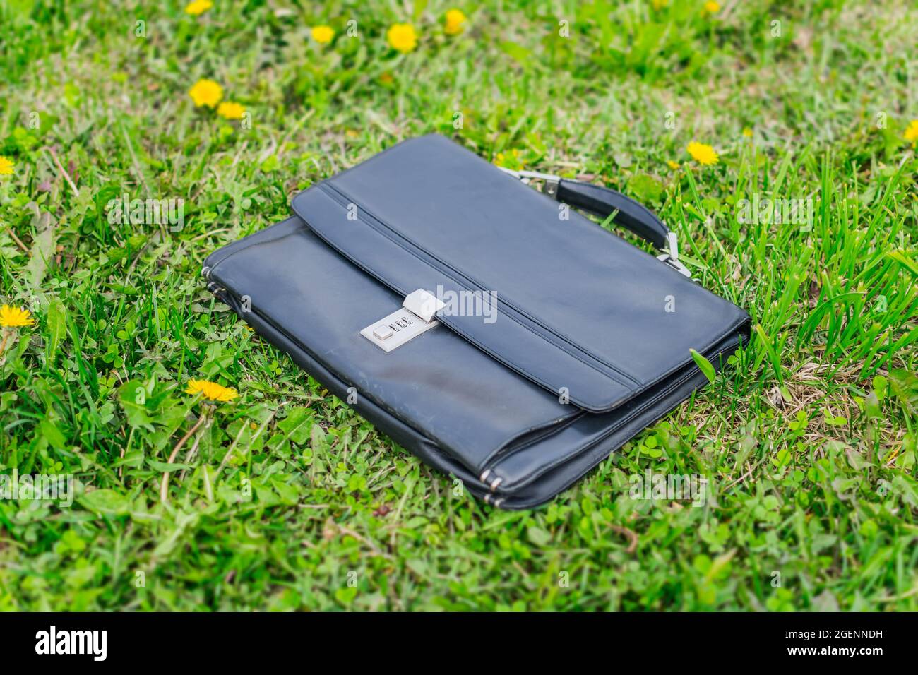 Lost leather briefcase with a combination lock lies in the grass on the lawn in the park in summer Stock Photo