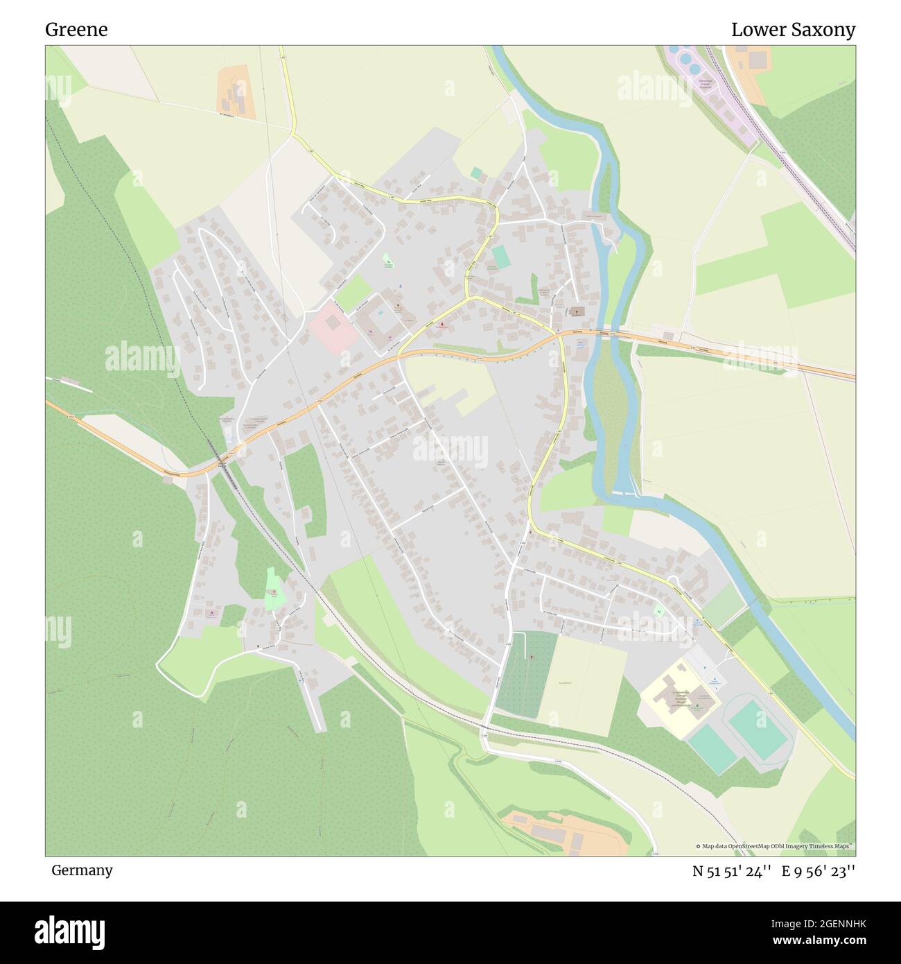Greene, Germany, Lower Saxony, N 51 51' 24'', E 9 56' 23'', map, Timeless Map published in 2021. Travelers, explorers and adventurers like Florence Nightingale, David Livingstone, Ernest Shackleton, Lewis and Clark and Sherlock Holmes relied on maps to plan travels to the world's most remote corners, Timeless Maps is mapping most locations on the globe, showing the achievement of great dreams Stock Photo