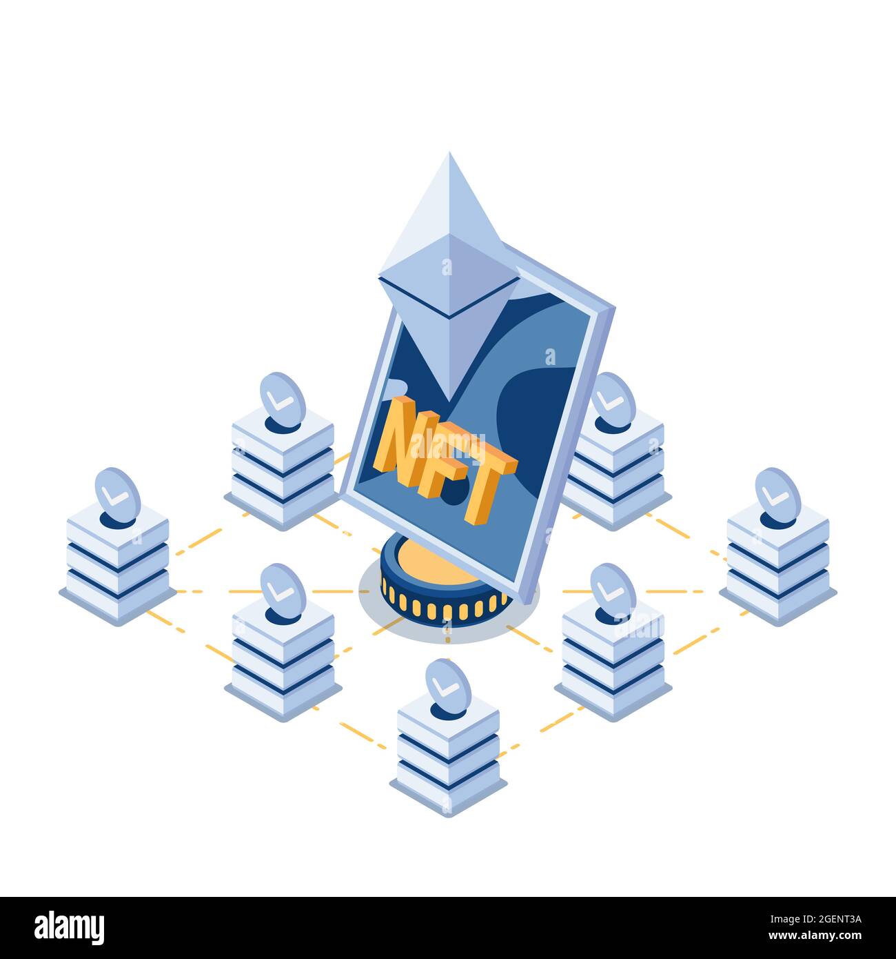Flat 3d Isometric NFT Non Fungible Tokens Art in The Center of BlockChain Technology. NFT and Crypto Art Concept. Stock Vector