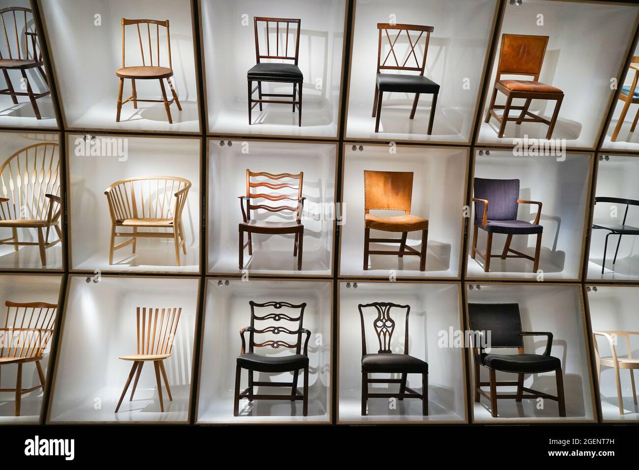 Copenhagen. Denmark. Display of iconic Danish chairs at the Danish Museum  of Art  Design Stock Photo - Alamy