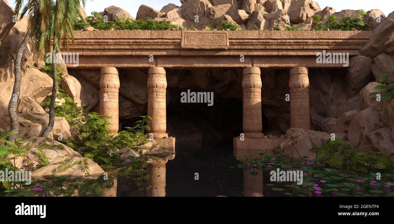 3D illustration egyptian temple and the pond Stock Photo